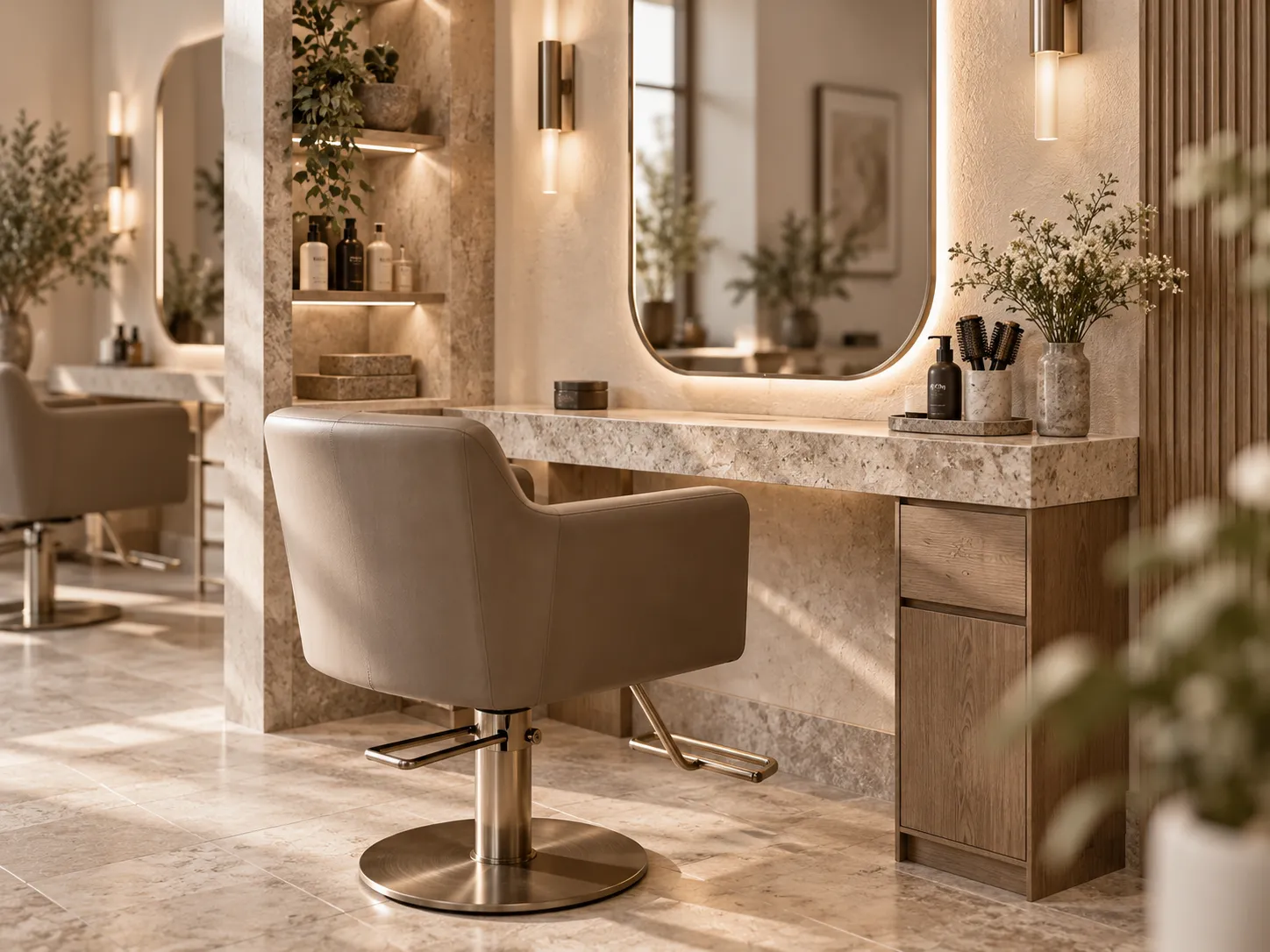 完成したサロンの素材・照明・セット面の上質なディテール