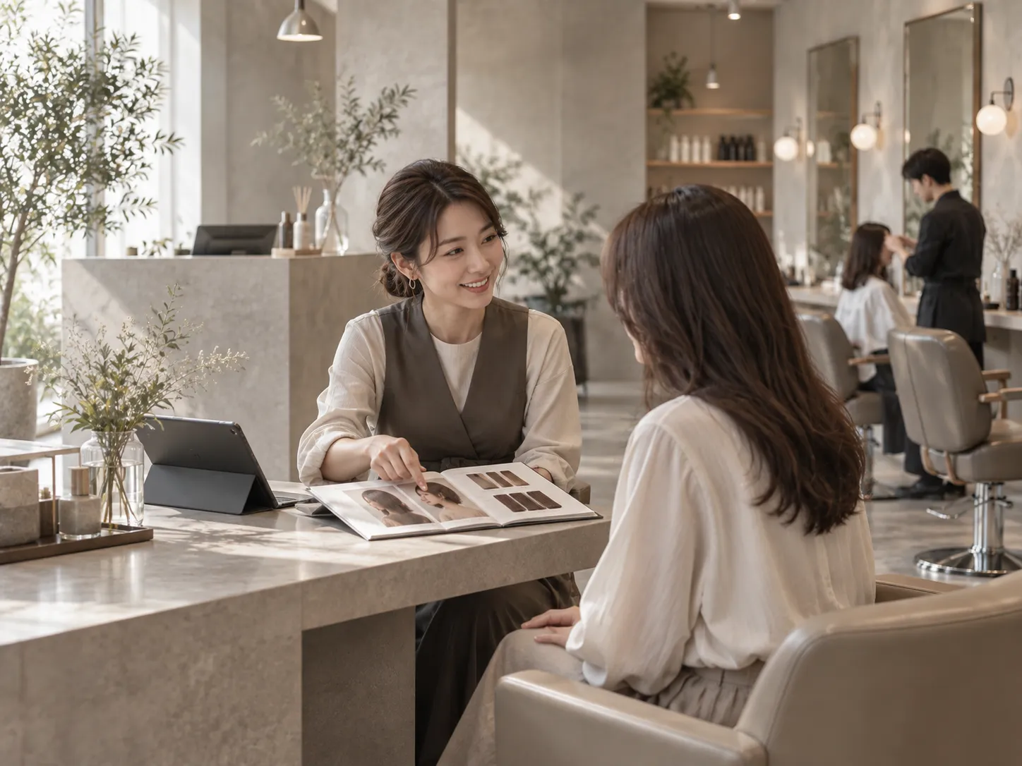 受付・カウンセリング・施術・会計など、顧客体験を連想させる上質な実店舗シーン。少し人の気配を入れる。