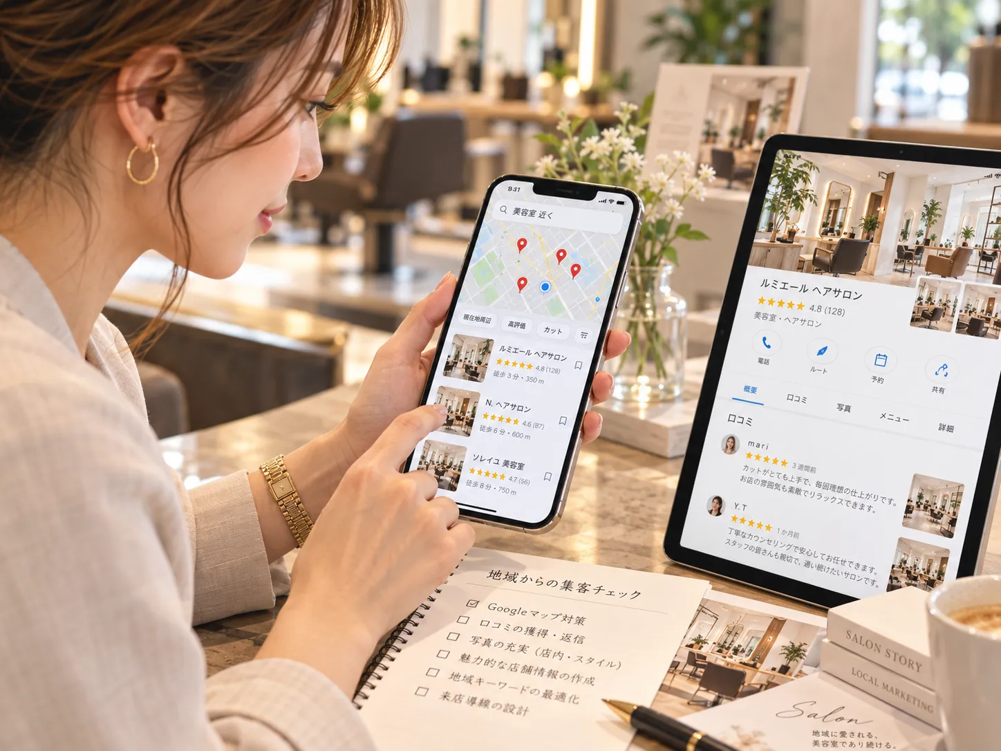 Googleマップで美容室の店舗情報と口コミを確認する様子