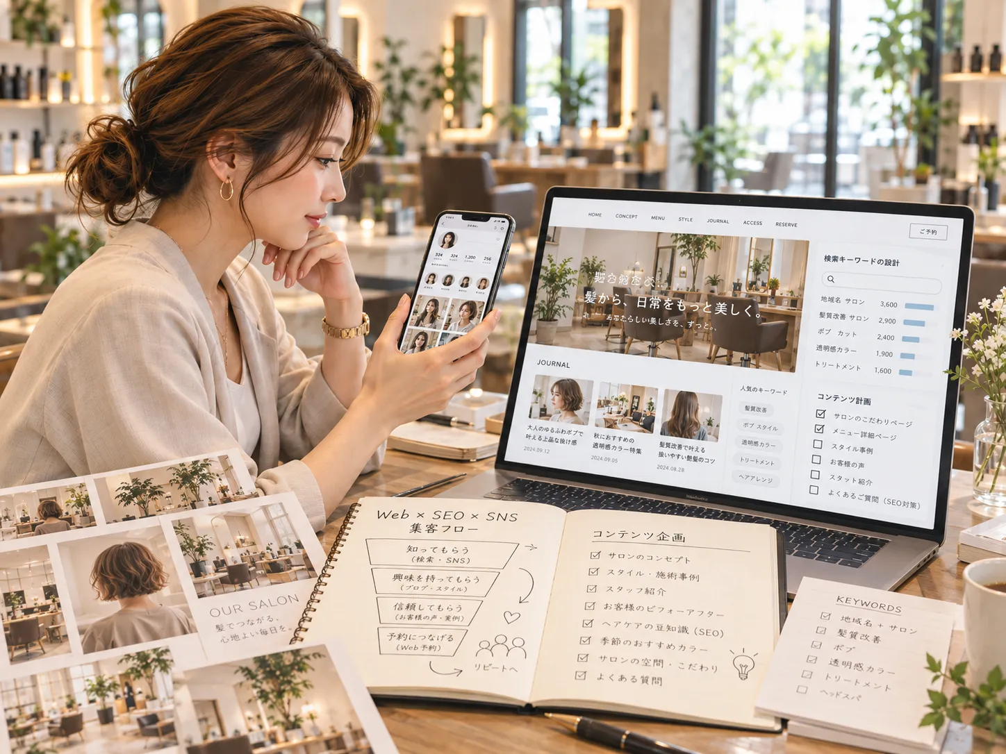 美容室のWebサイトとInstagramを組み合わせて集客導線を考える様子