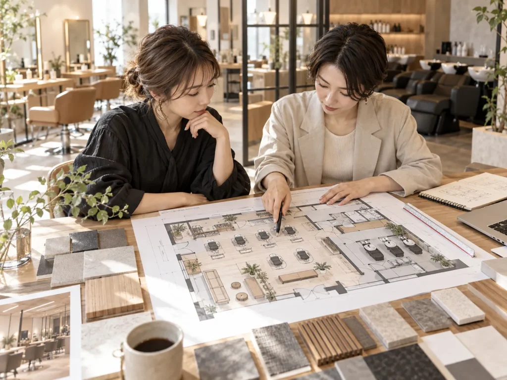 美容室の平面図を見ながらセット面やシャンプー台の配置を検討する様子