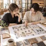 美容室の平面図を見ながらセット面やシャンプー台の配置を検討する様子