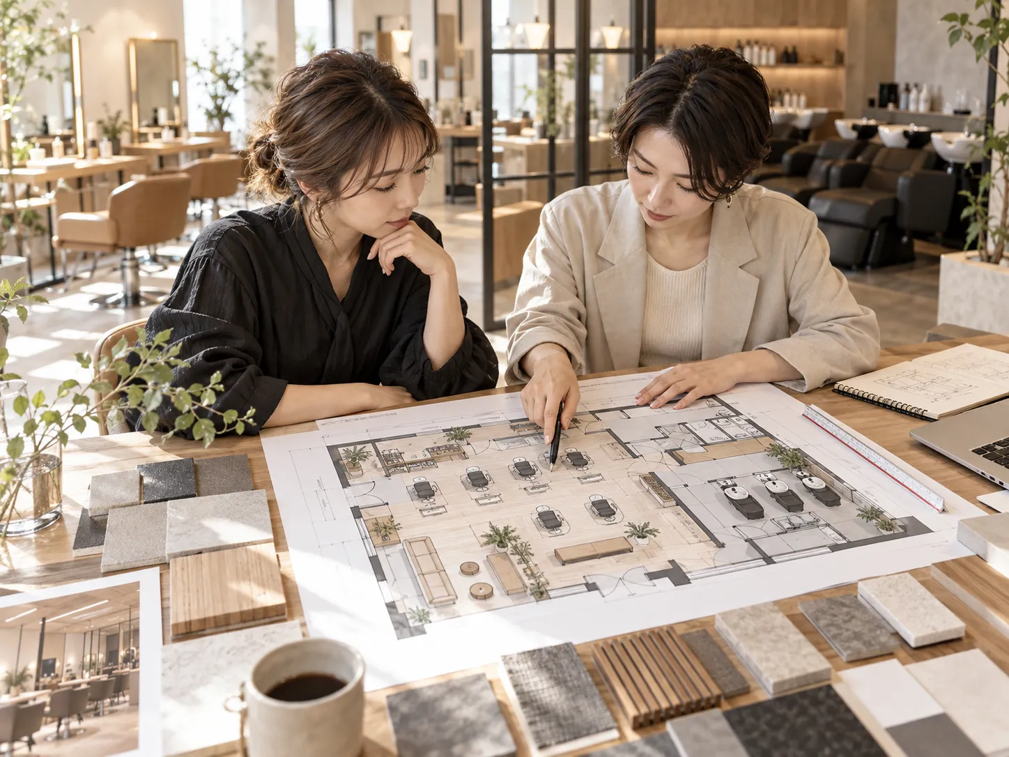 美容室の平面図を見ながらセット面やシャンプー台の配置を検討する様子