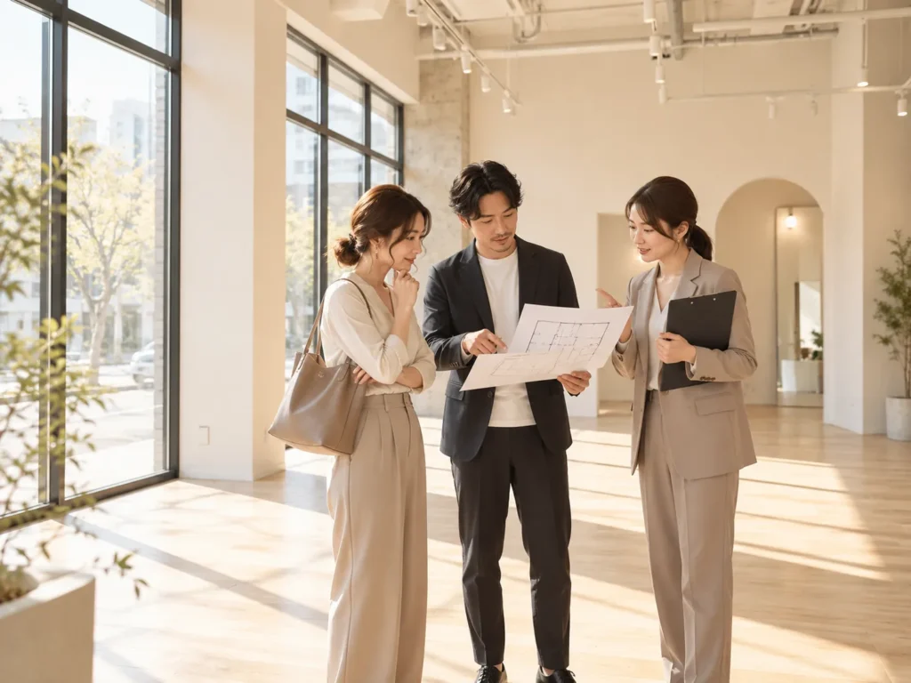 美容室開業予定のテナントを設計者と確認する物件内見の様子