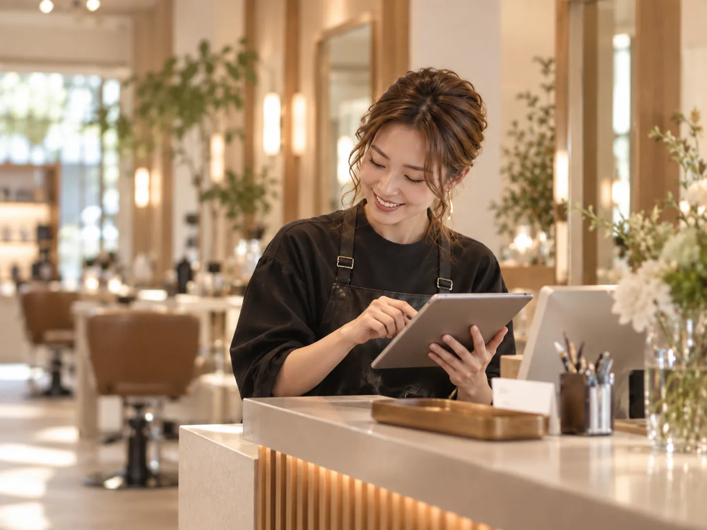 美容師がタブレットで顧客カルテや次回来店予定を確認する様子