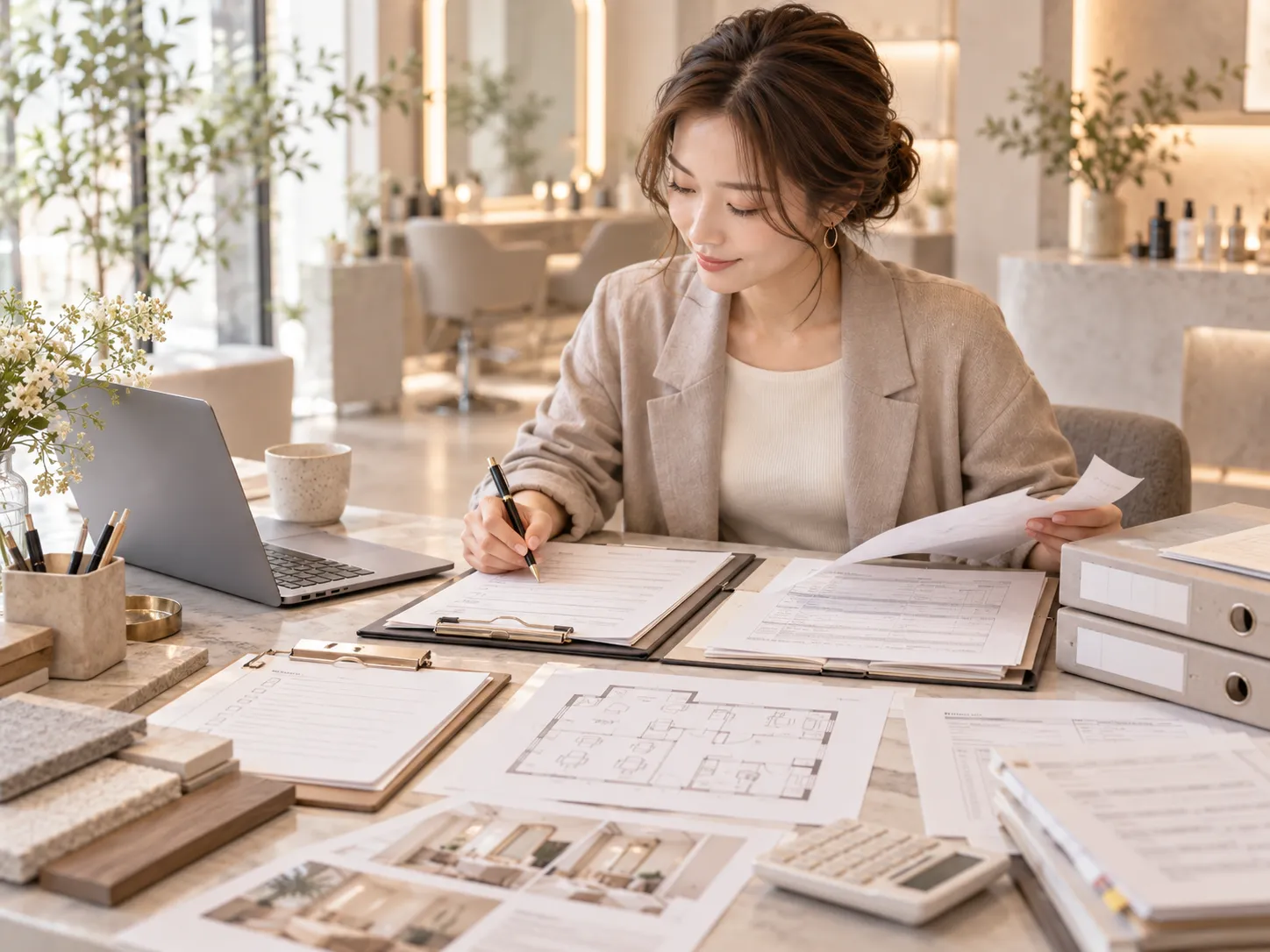 美容室開業に向けて物件資料や資金計画を比較しながら準備する様子