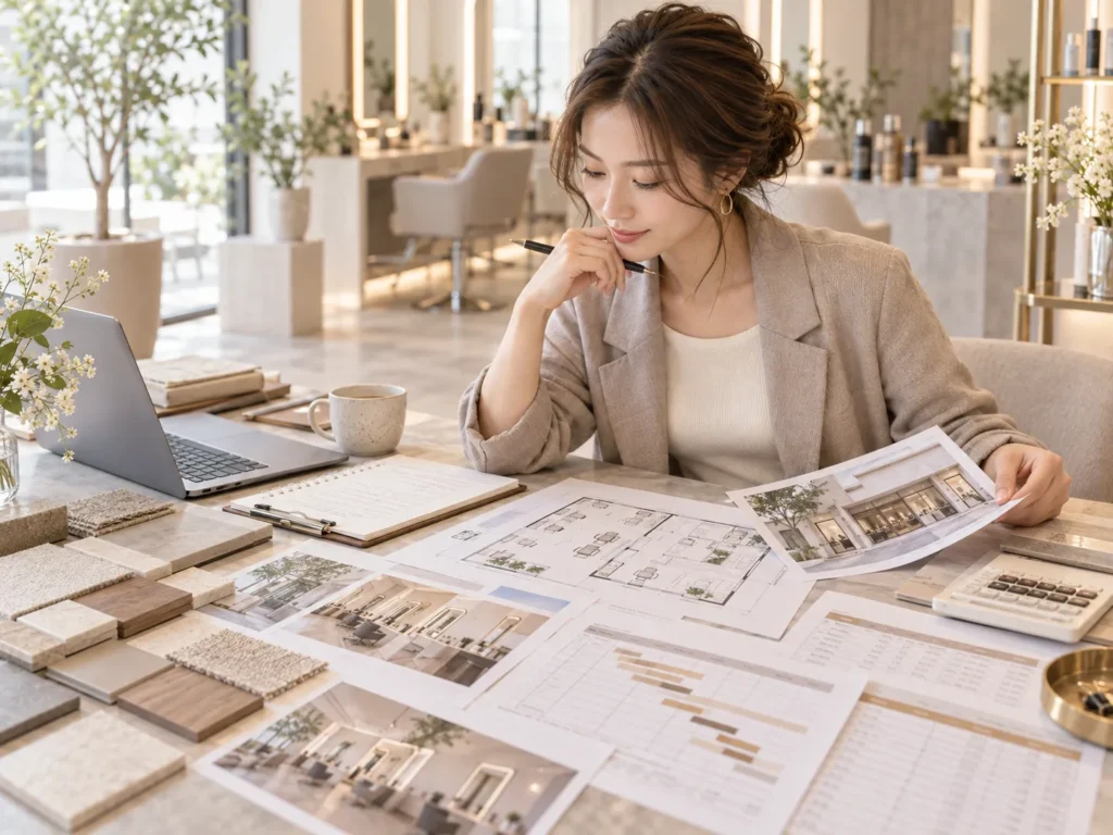 美容室開業のチェックリストや図面を確認しながら準備を進めるオーナーの様子