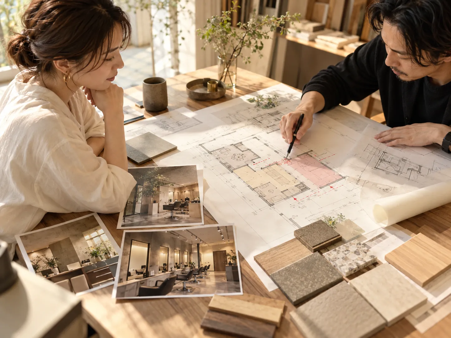 美容室の図面を見ながら残す部分と解体する部分を検討する設計打ち合わせ