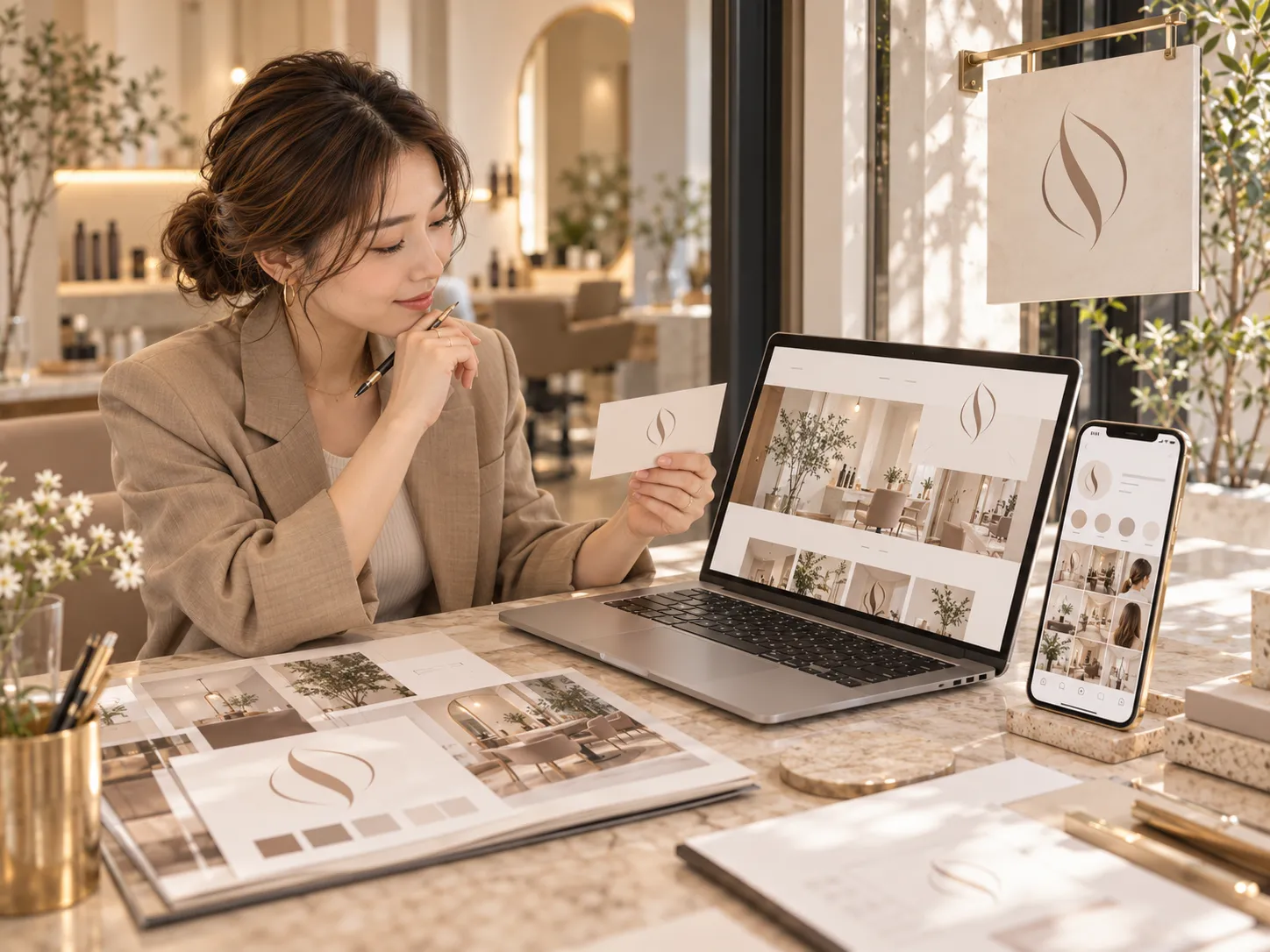 日本人女性が美容室ロゴの入ったカードを手に取り、WebサイトやSNS画面、サイン計画とあわせてブランド展開を確認している様子