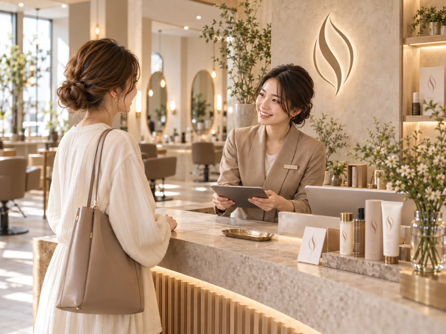 日本人スタッフが受付でお客様を迎え、壁面ロゴや商品パッケージまで統一された美容室ブランド空間を案内している様子
