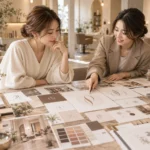 美容室のブランドコンセプトをもとに、日本人女性2人がロゴ案や配色、空間イメージを見ながらネーミングとロゴの方向性を検討している様子